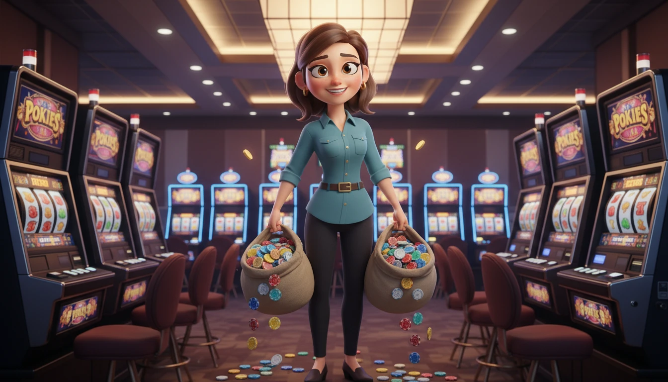 Casino character holding bags of chips after choosing top PayID pokies casinos