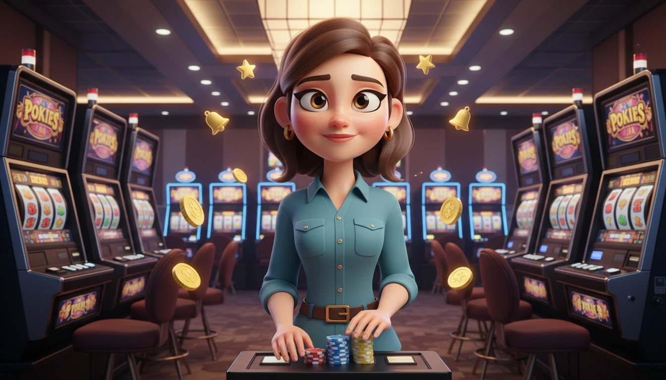 Casino character standing in front of slot machines introducing PayID pokies rankings