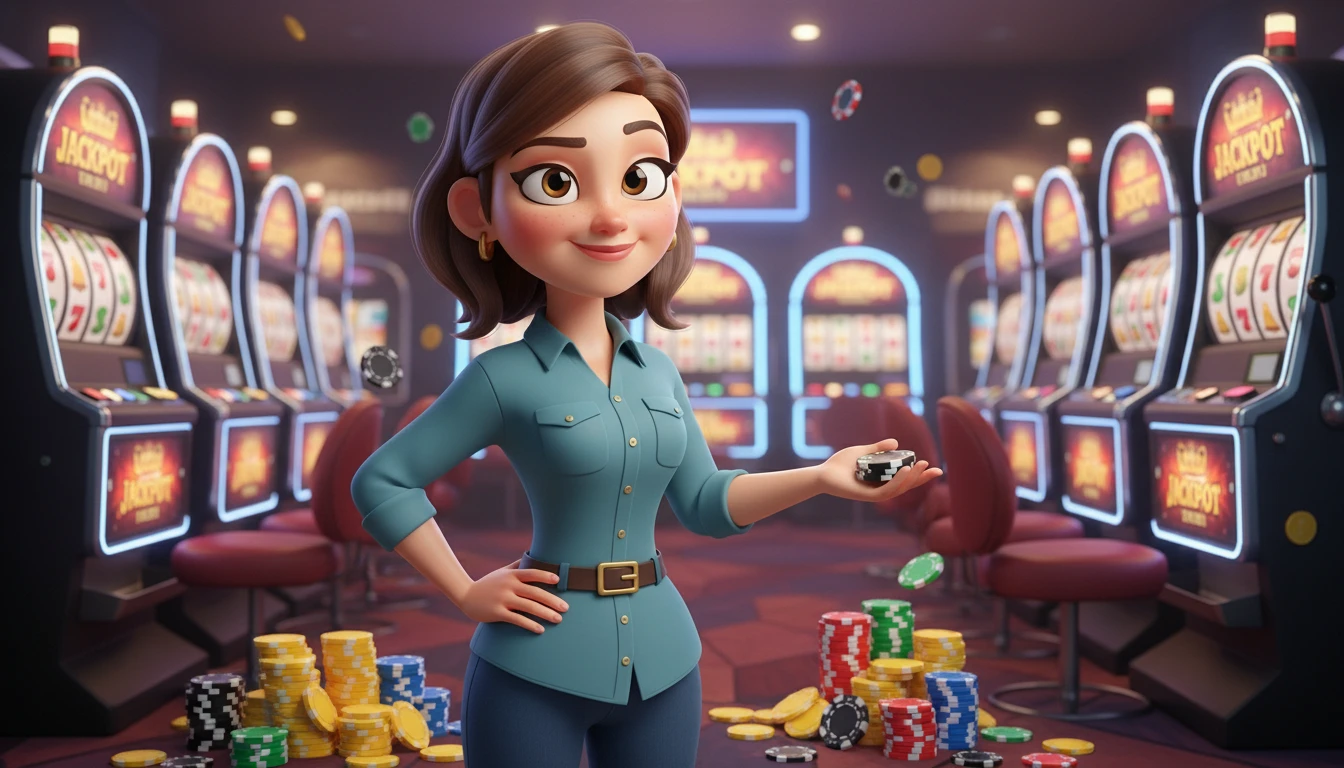 Casino character standing in front of slot machines introducing PayID pokies