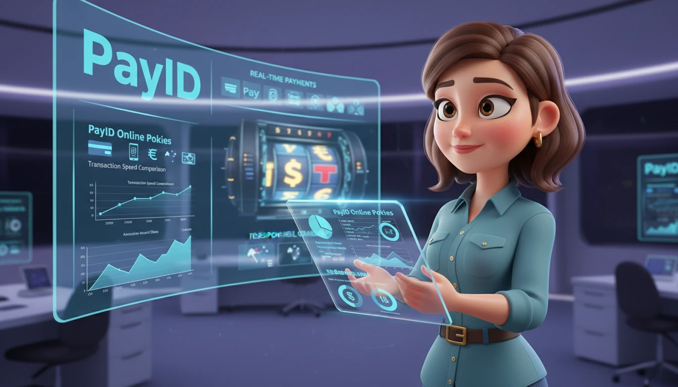 Casino character standing in front of slot machines introducing PayID online pokies