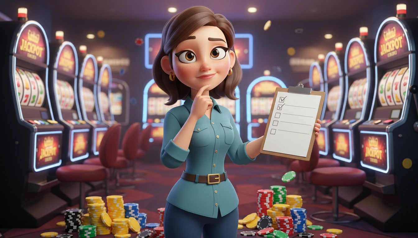 Casino character thinking about time and PayID advantages at slot machines