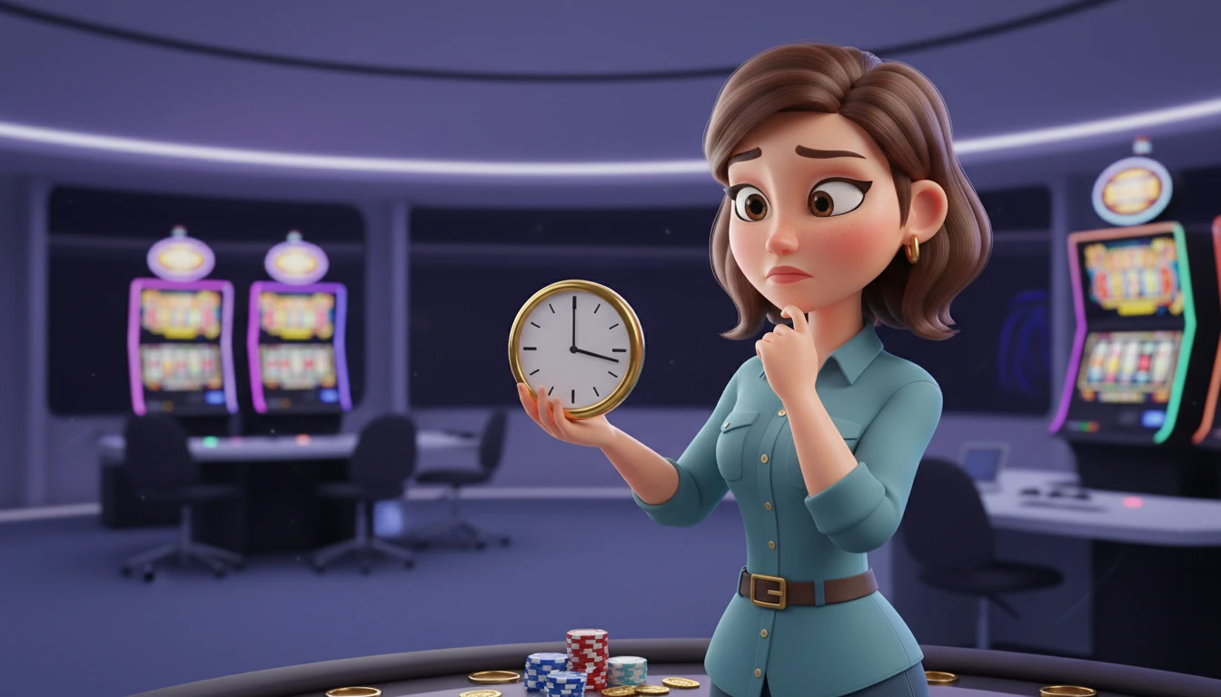 Casino character thinking about time and options when choosing PayID online pokies